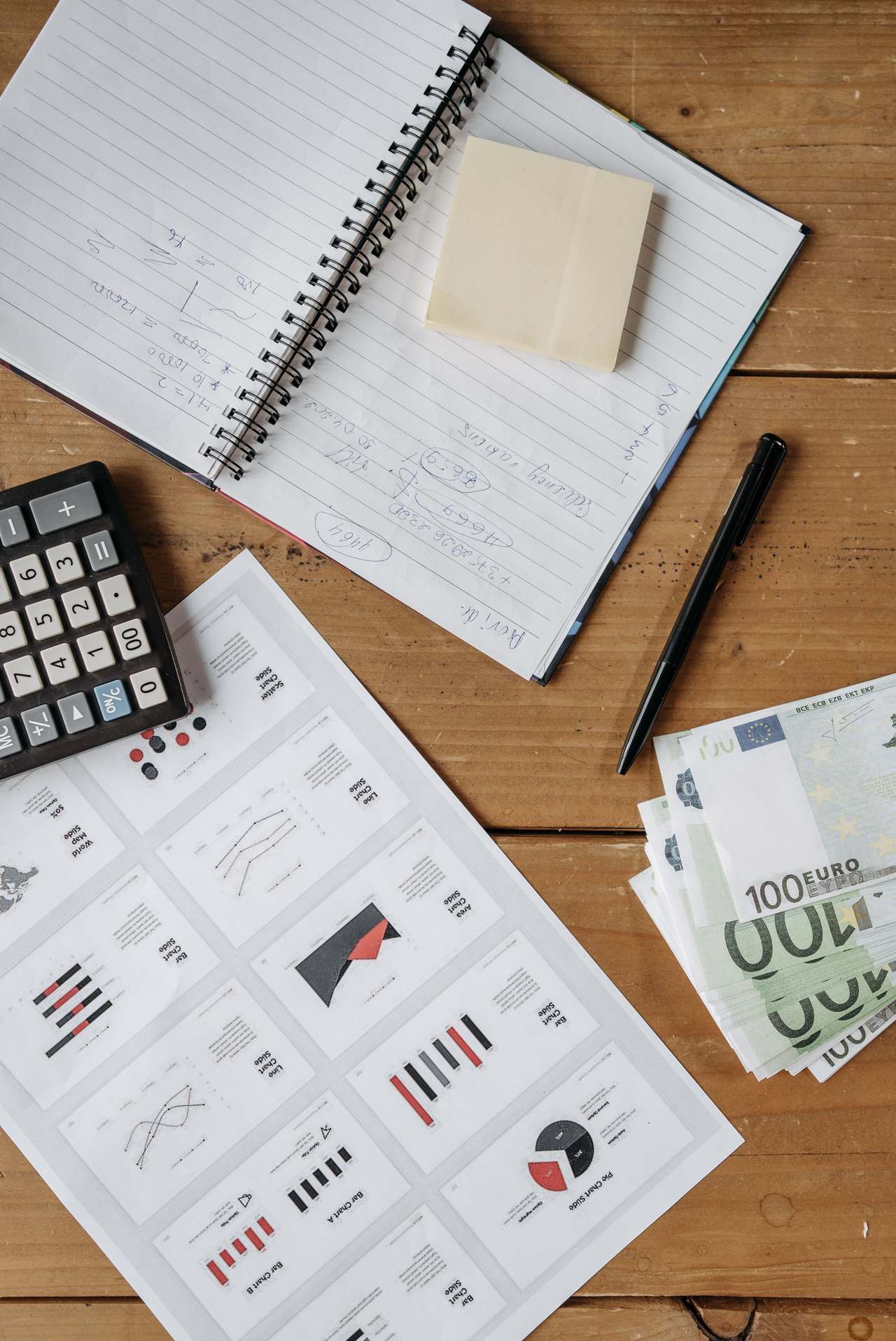 Notizbuch und Taschenrechner auf einem Schreibtisch, financial workspace
